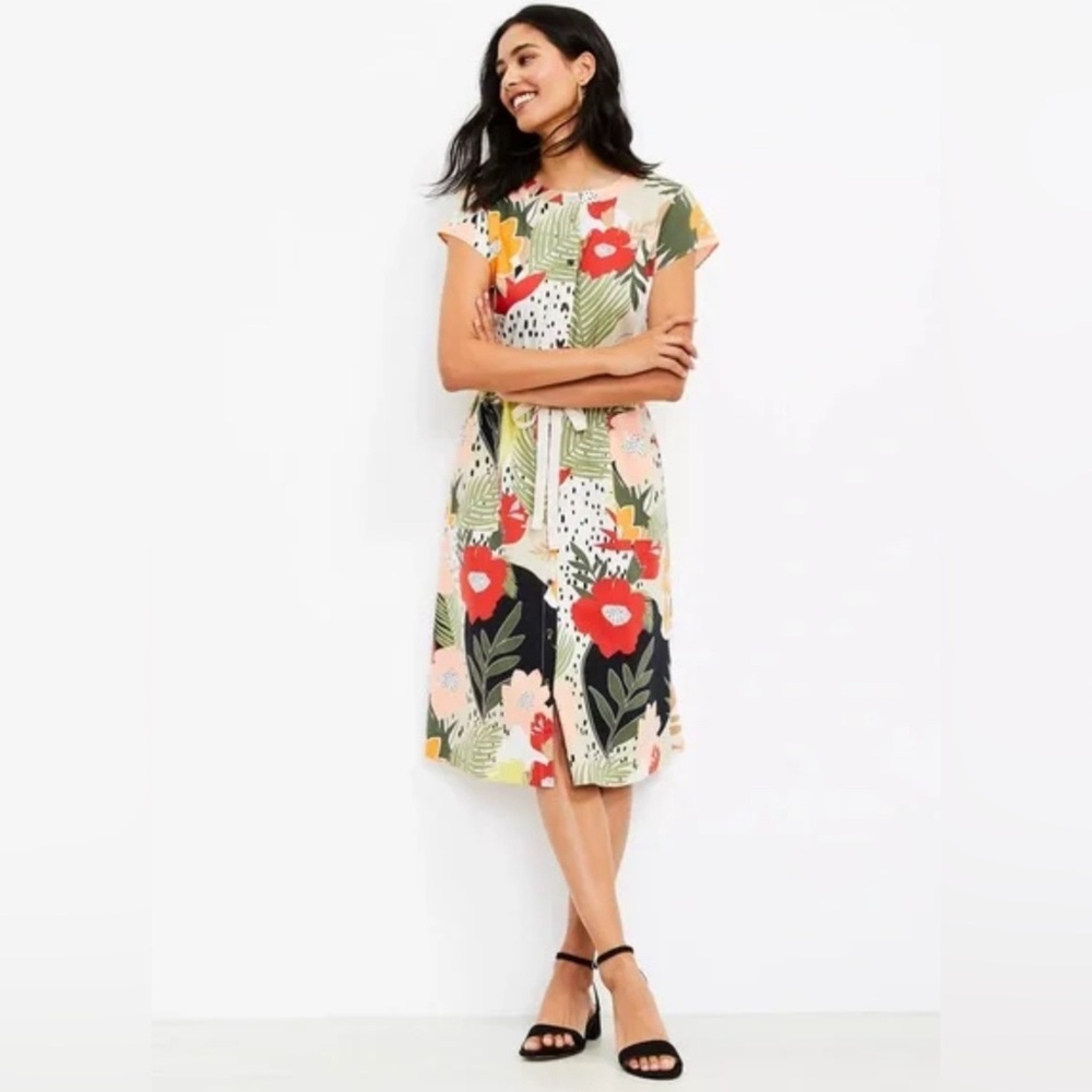 Loft Floral Print Dress with Buttons and Tie-Waist